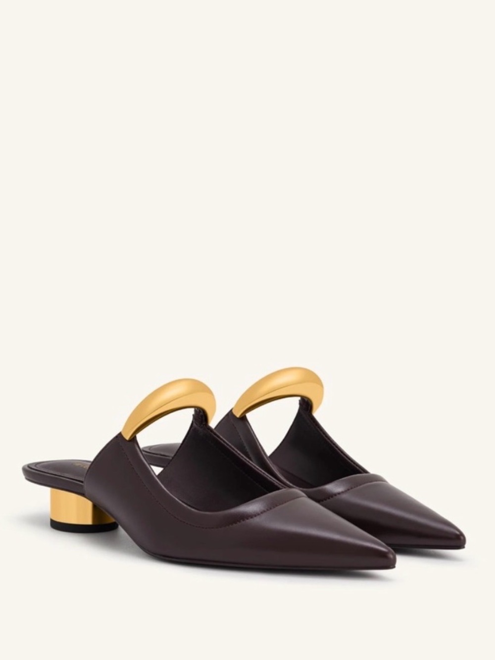 JW PEI Dark Brown Helena Piece Pointed Backless Mules Gold Accent VEUC worn 1